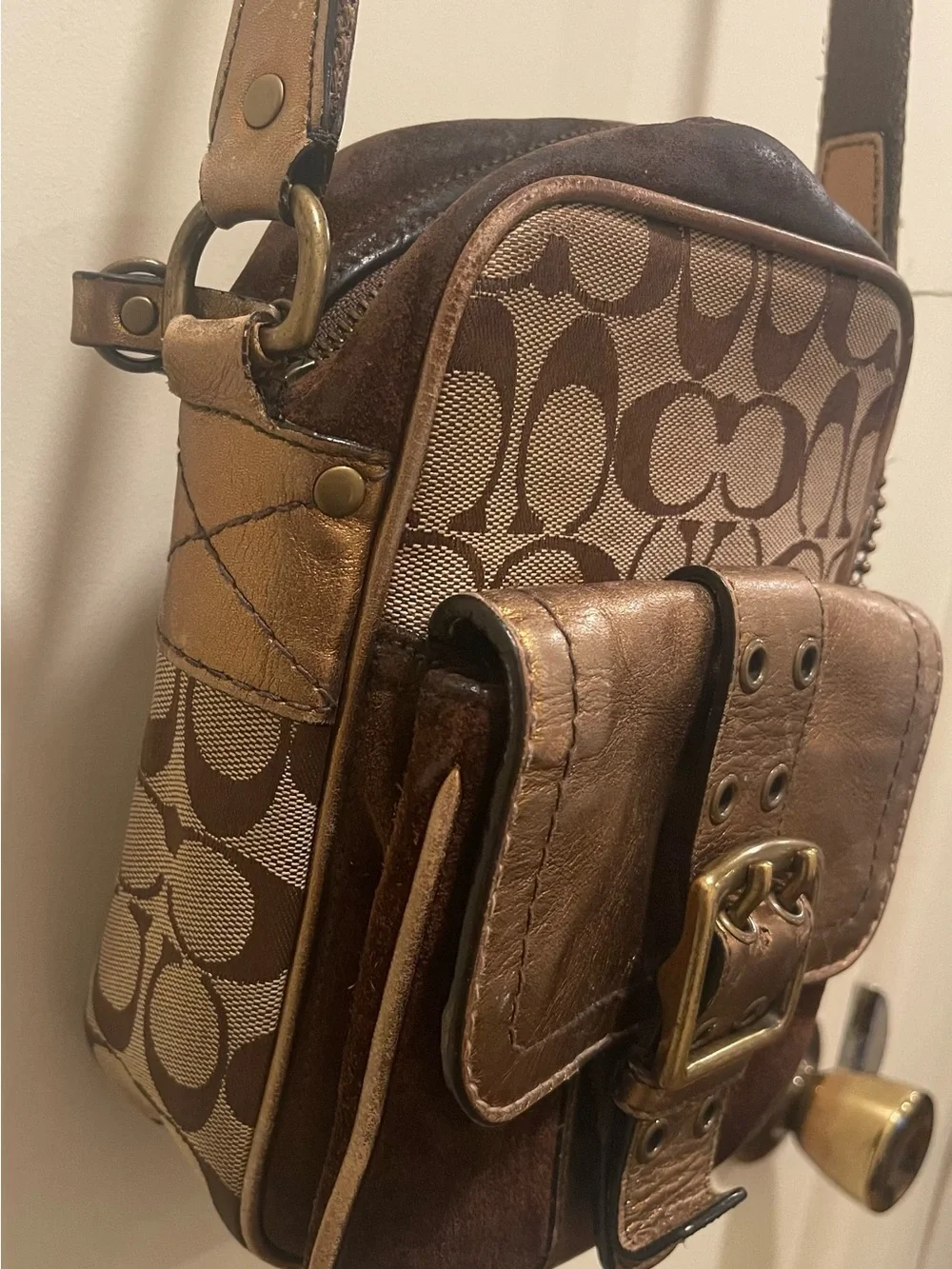 Coach Brown Signature Canvas & Metallic Leather Crossbody Bag